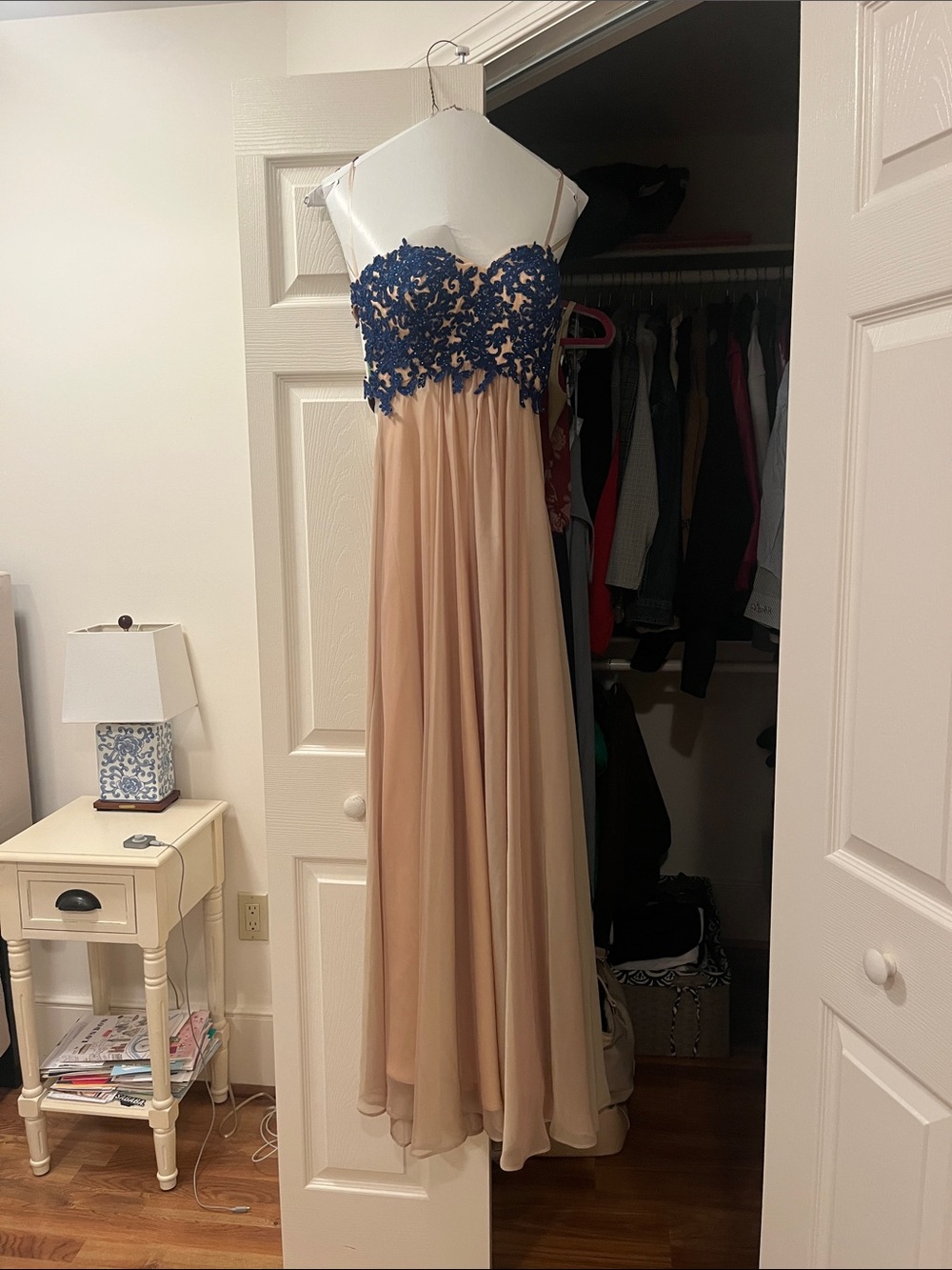 La Femme Navy Appliqué Bodice with Blush Chiffon Skirt Evening Gown
